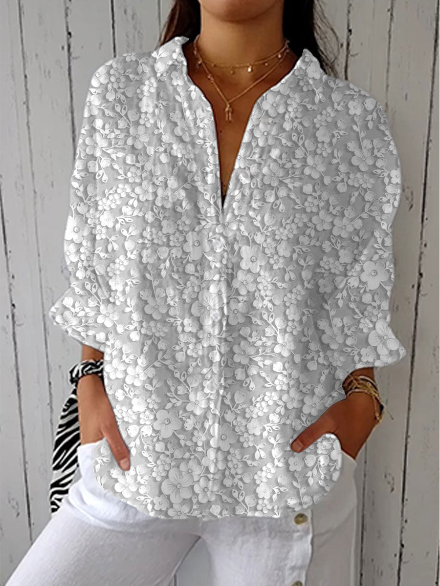 Vintage Flower Art Print Casual Linen V-neck Shirt