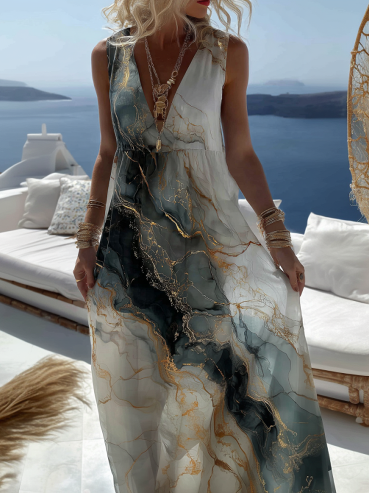 Vintage Marble Texture Collection Retro Bohemia Women Style Gradient Gilded Pattern Maxi Dress
