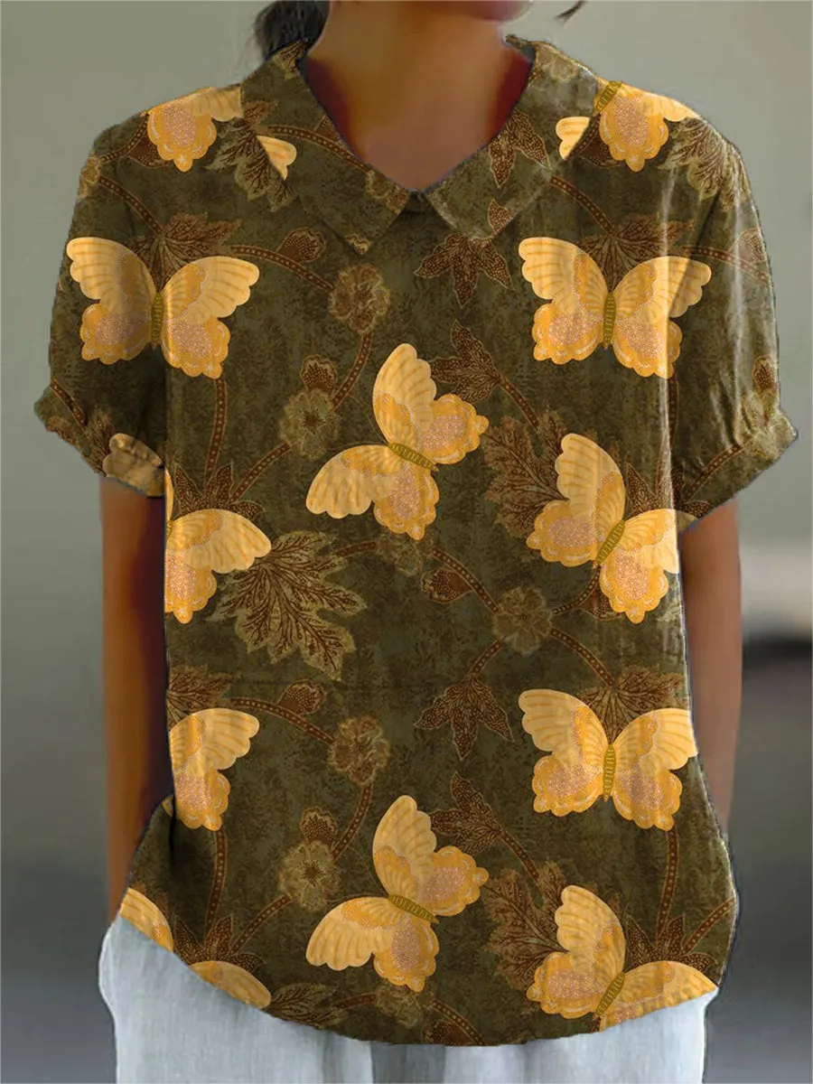 Vintage Beautiful Butterfly Leaves Painting Art Print Casual Cotton & Linen Shirt