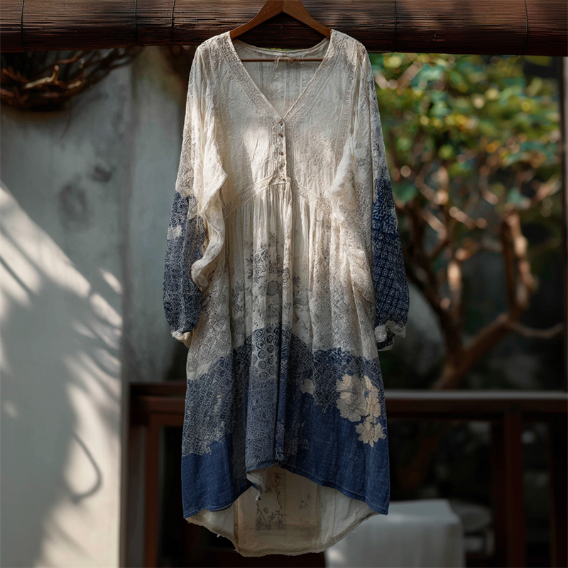 Japanese Floral Sashiko Contrast Lace Flowy Maxi Dress