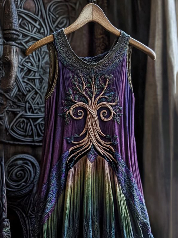 Vintage Viking Celtic Tree Gradient Comfy Midi Dress