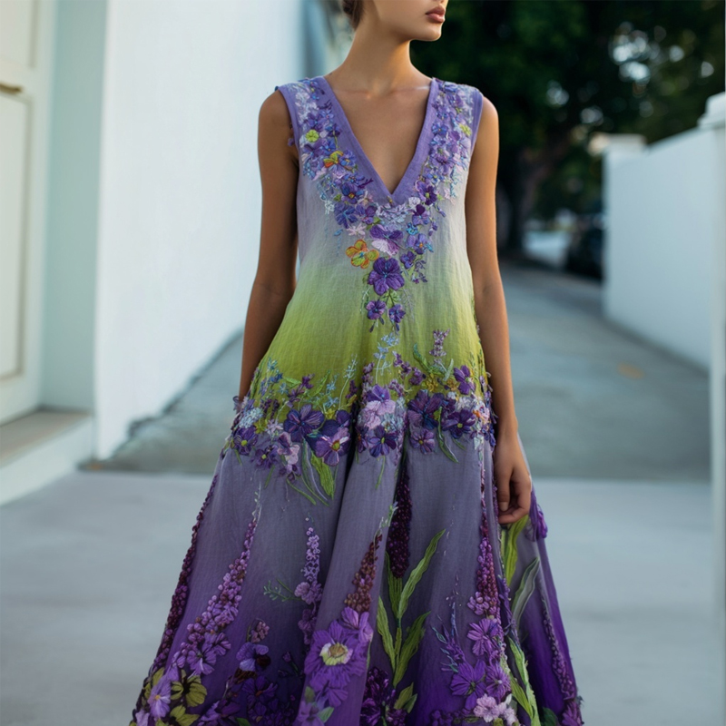 Elegant Purple Flowers Embroidered Gradient Linen Maxi Dress
