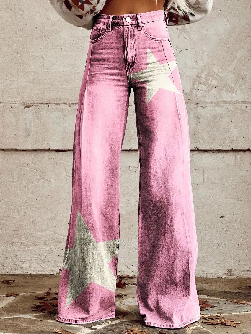 Vintage Print Casual Wide-Leg Pants