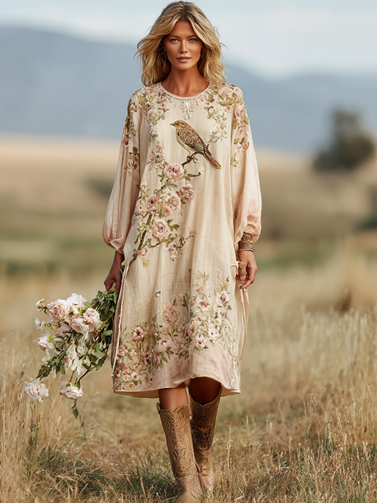 Women's Vintage Boho Roses And Birds Art Casual Dress