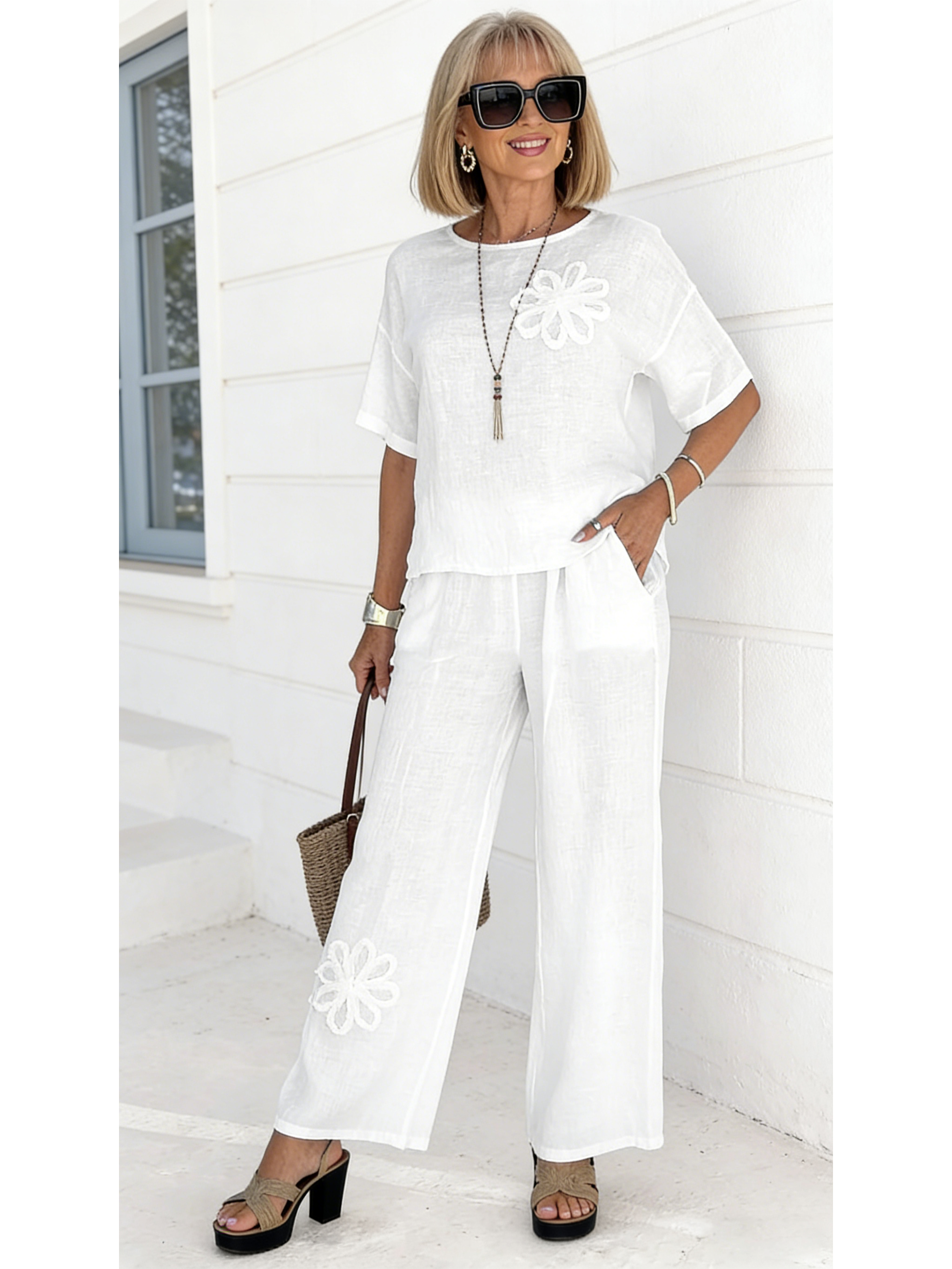 Taupe Embroidered Top & Wide-Leg Pants Set