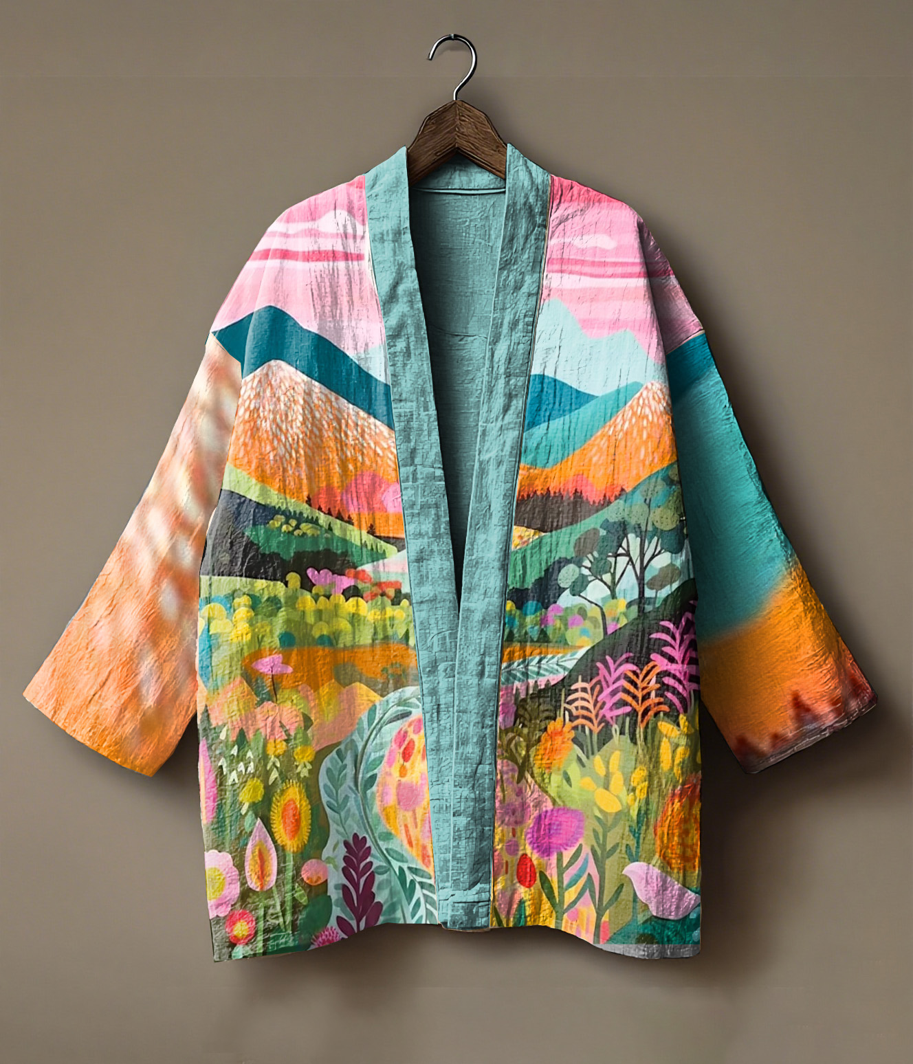Abstract landscape-themed printed linen andong cardigan