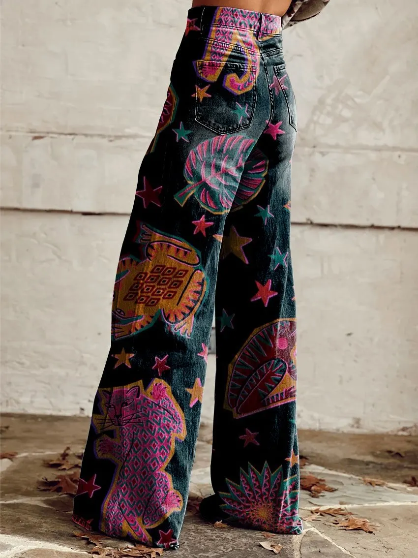 Vintage Print Casual Wide-Leg Pants
