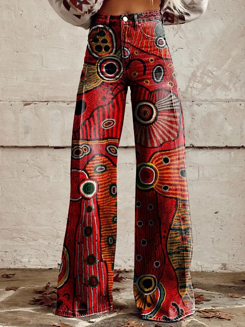 Vintage Print Casual Wide-Leg Pants