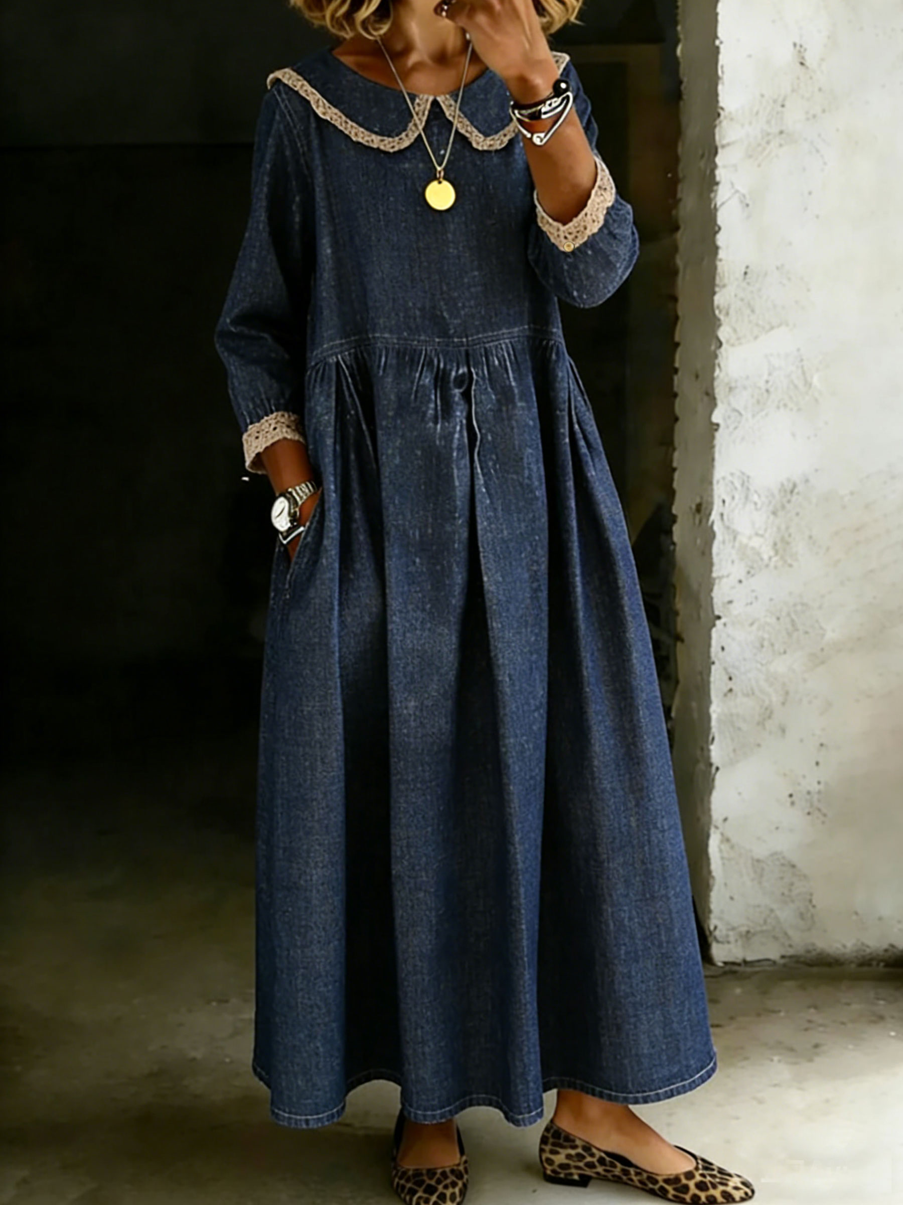 Lace Peter Pan Collar Long-Sleeve Casual Loose Denim Dress