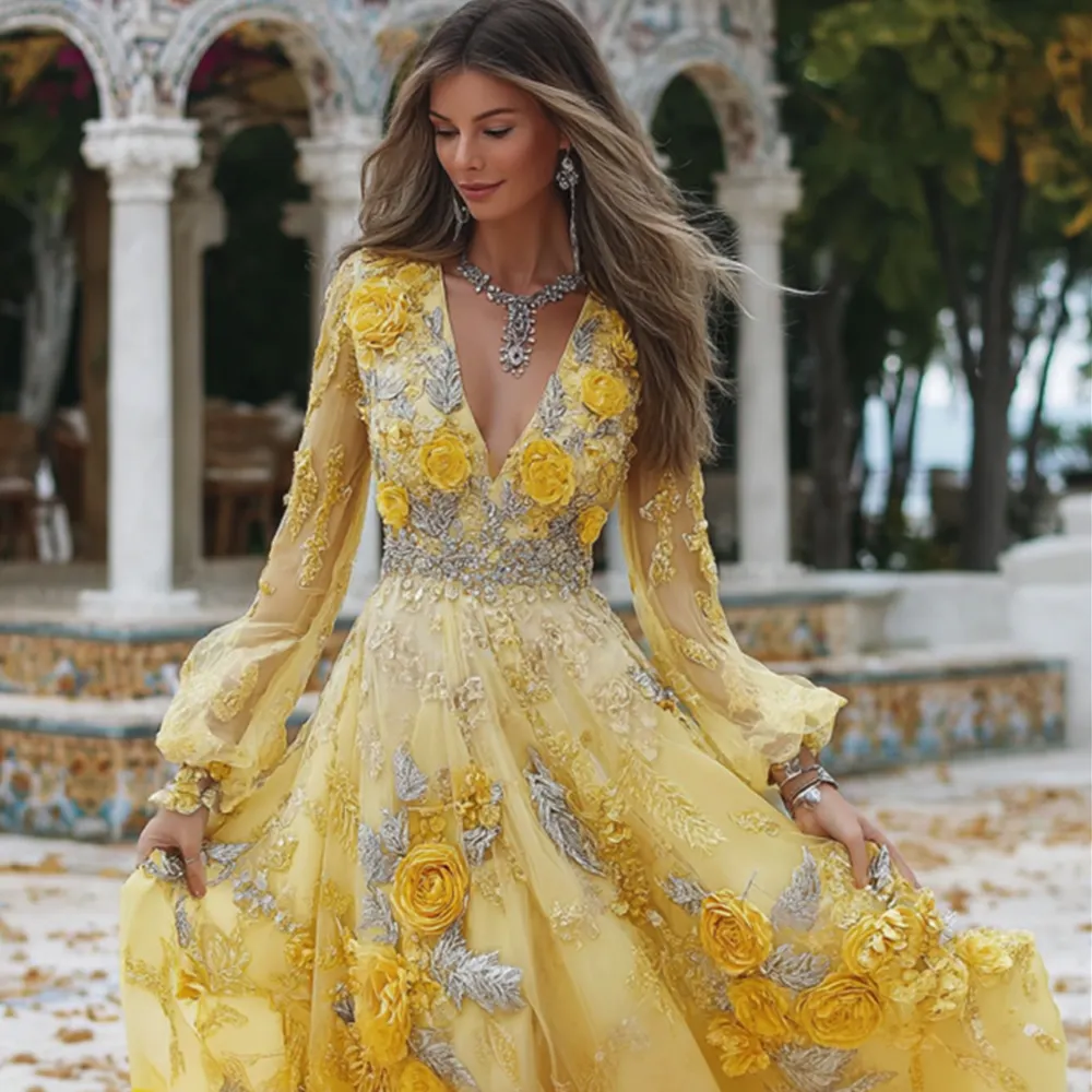 Women's Vintage Three-dimensional Yellow Rose V-neck Long-sleeved Dress