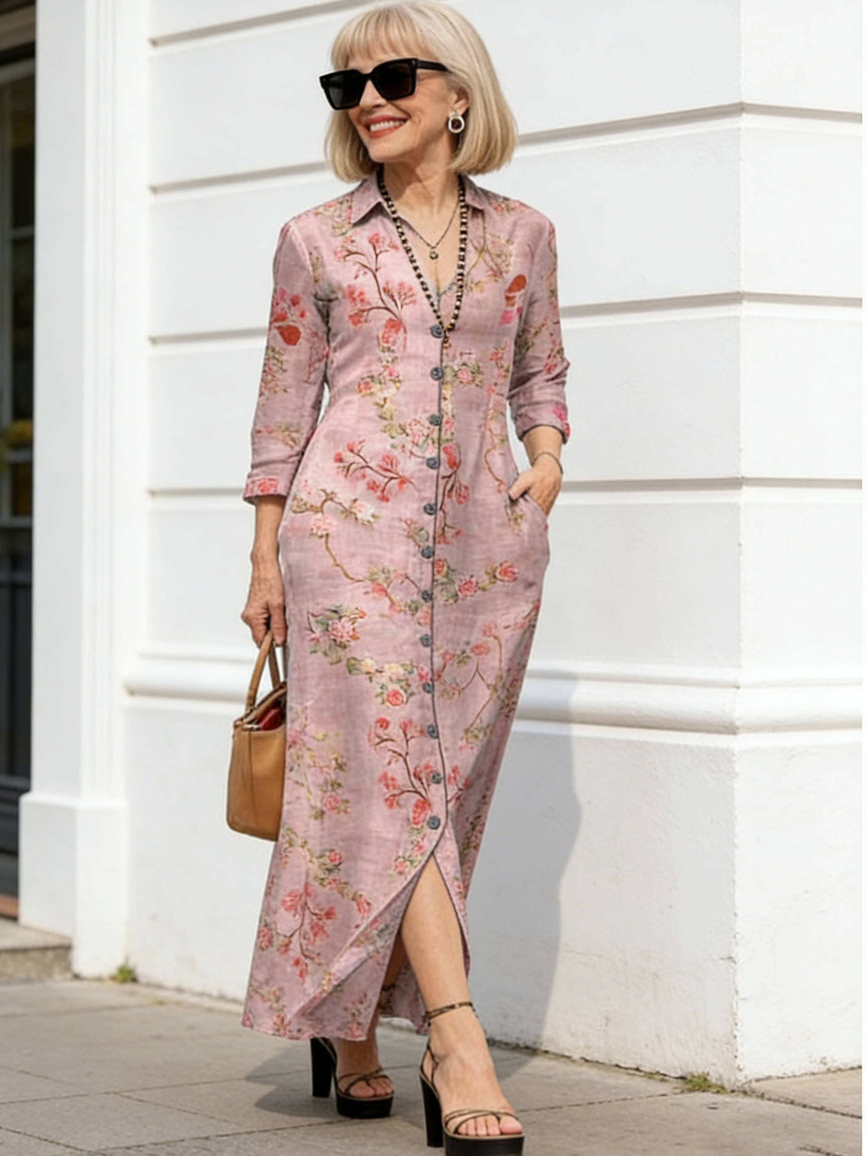 Blush Floral Button-Front Maxi Dress