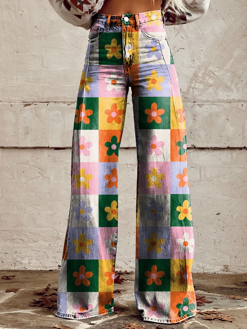 Vintage Print Casual Wide-Leg Pants