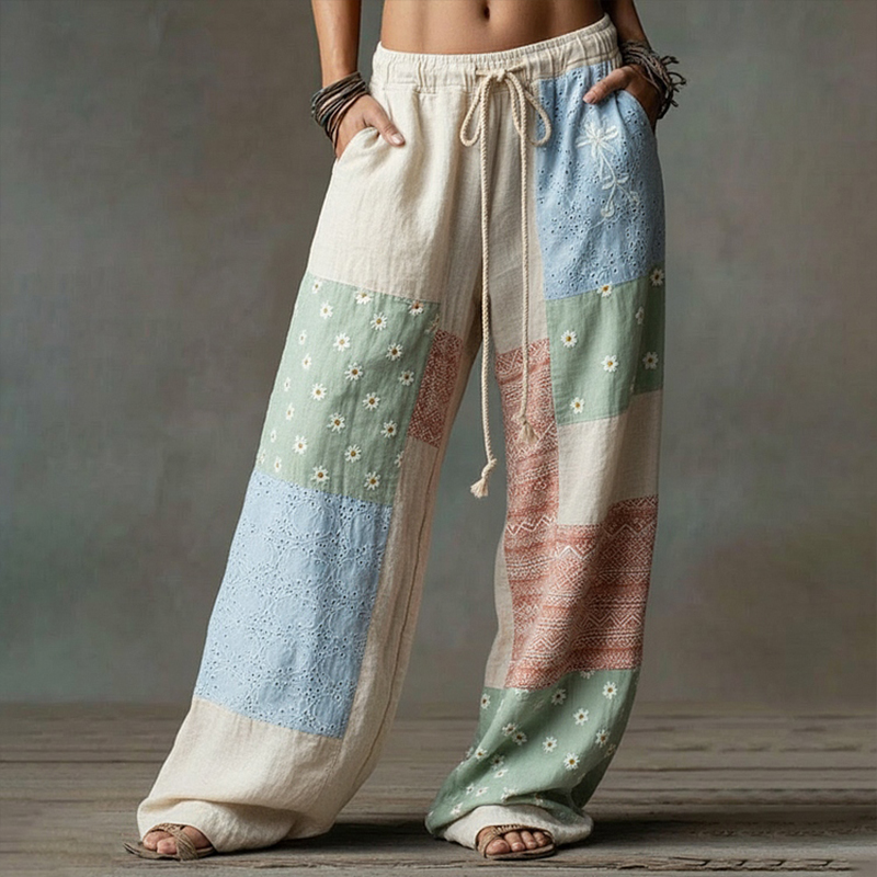 Bohemian Style Floral Geometric Art Casual Linen Pants