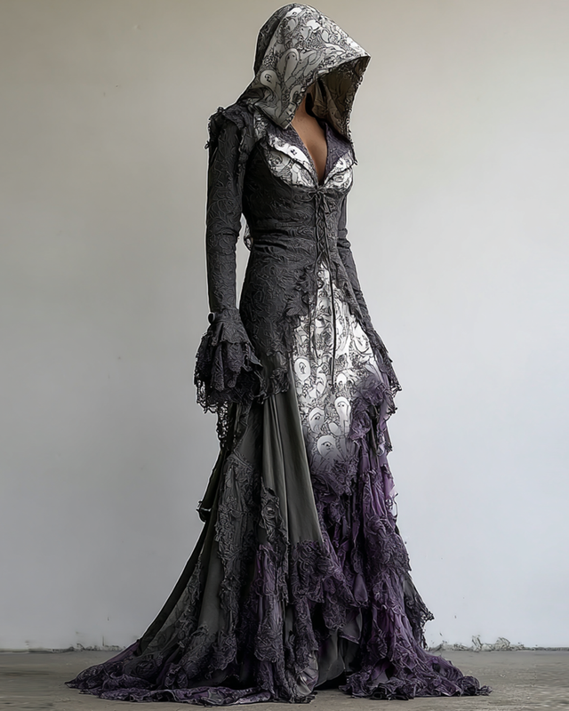 Bohemian style Irregular Contrast Lace Patchwork Hooded Evening Dress 945d
