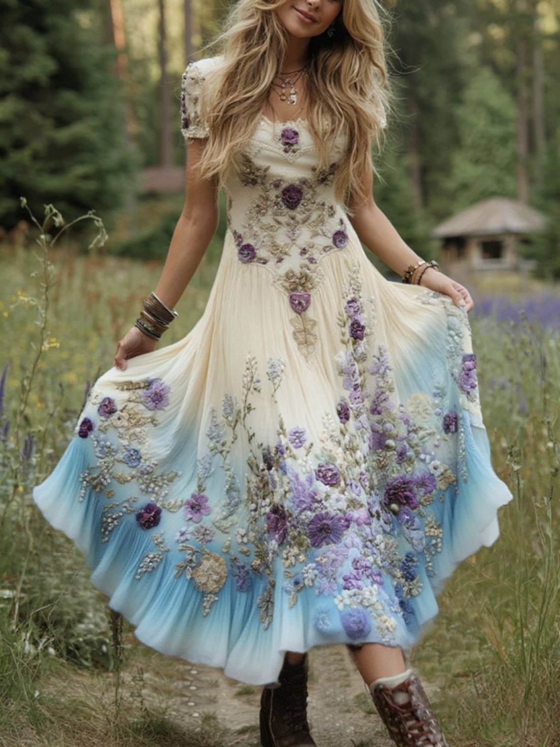 Classy Gradient Purple Lavender And Floral Embroidered Maxi Dress