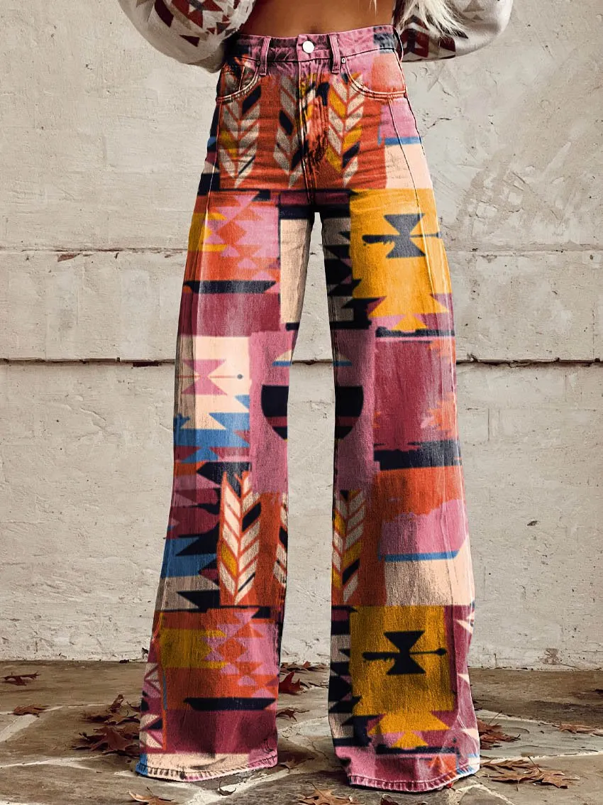 Pink Aztec Casual Wide-Leg Pants