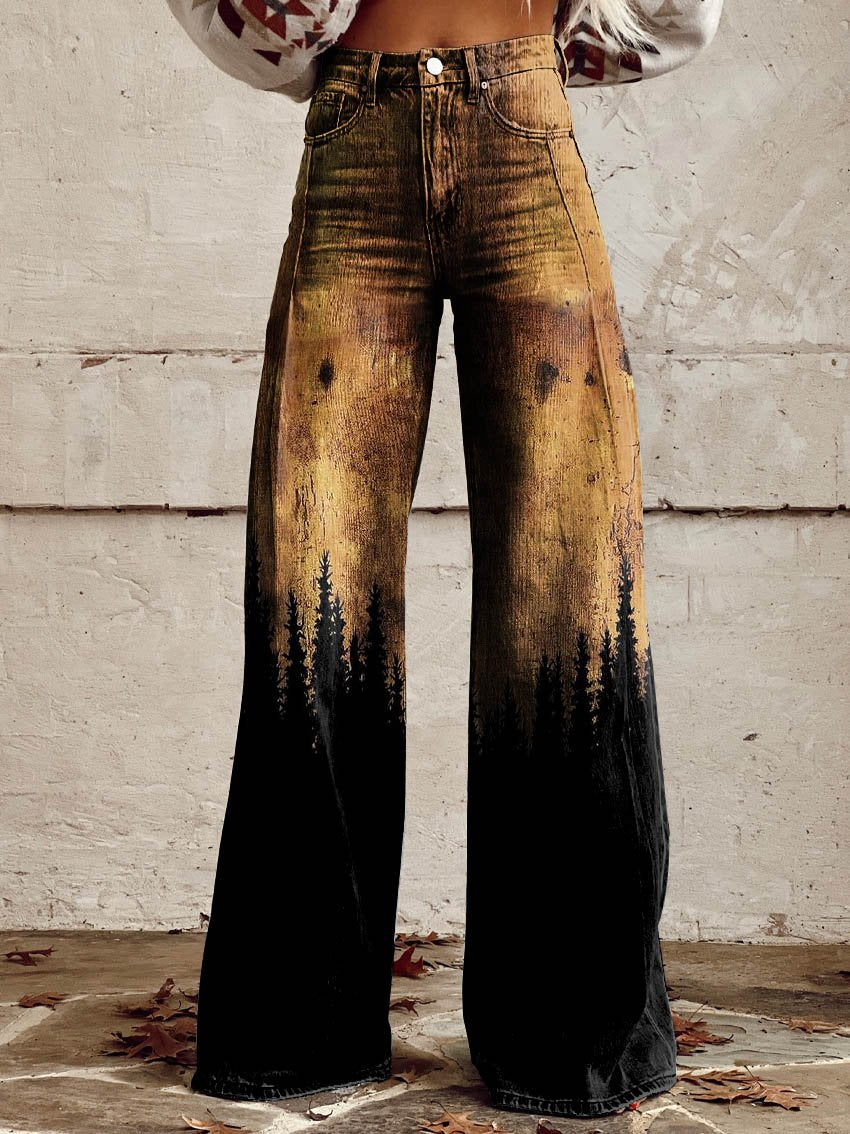 Forest Silhouette Print Casual Wide-Leg Pants