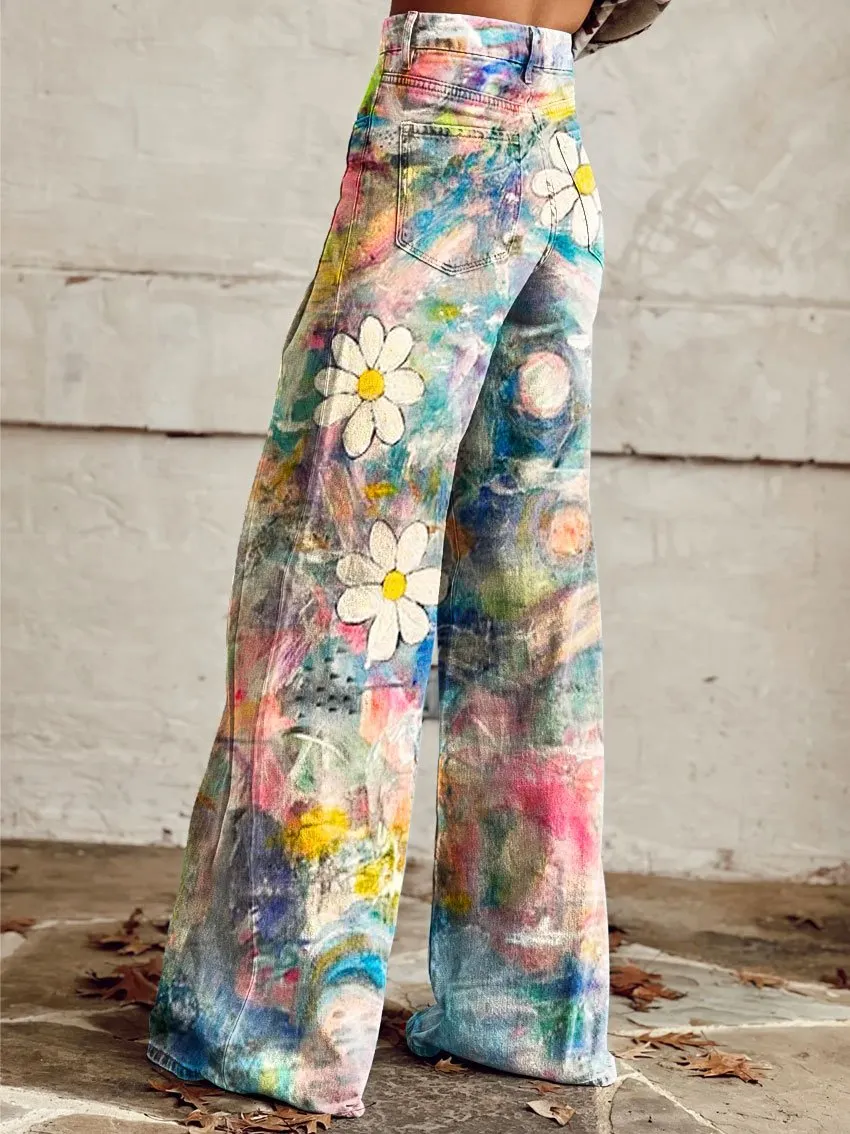 Vintage Graffiti Flower Print Casual Wide-Leg Pants