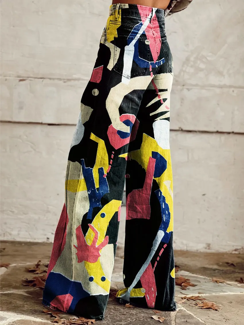 Vintage Print Casual Wide-Leg Pants