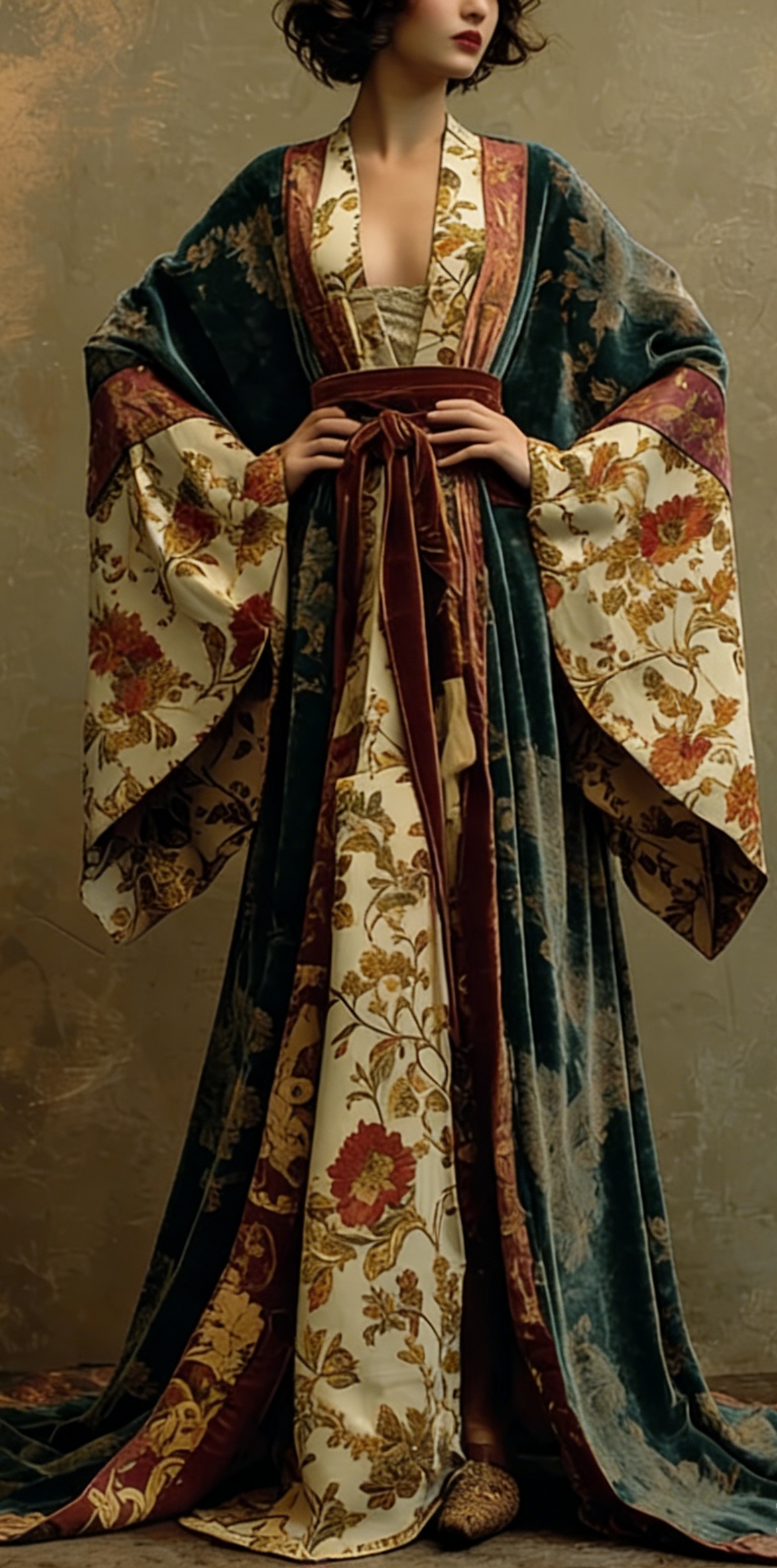 Artistic style women's velvet V-neck robe with belt