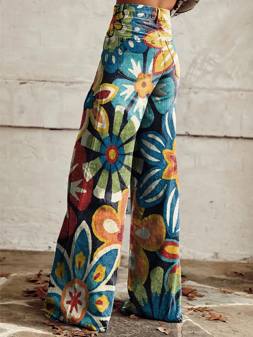 Vintage Wild West Print Casual Wide-Leg Pants