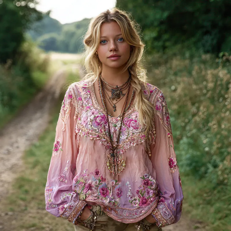 Women's Casual Gradient Purple And Pink Floral Embroidered Linen Long Sleeve Shirt