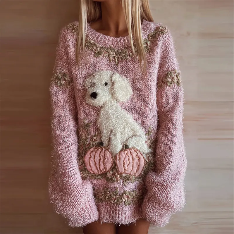 Fuzzy Dog & Pink Pumpkins Cozy Knit Sweayer