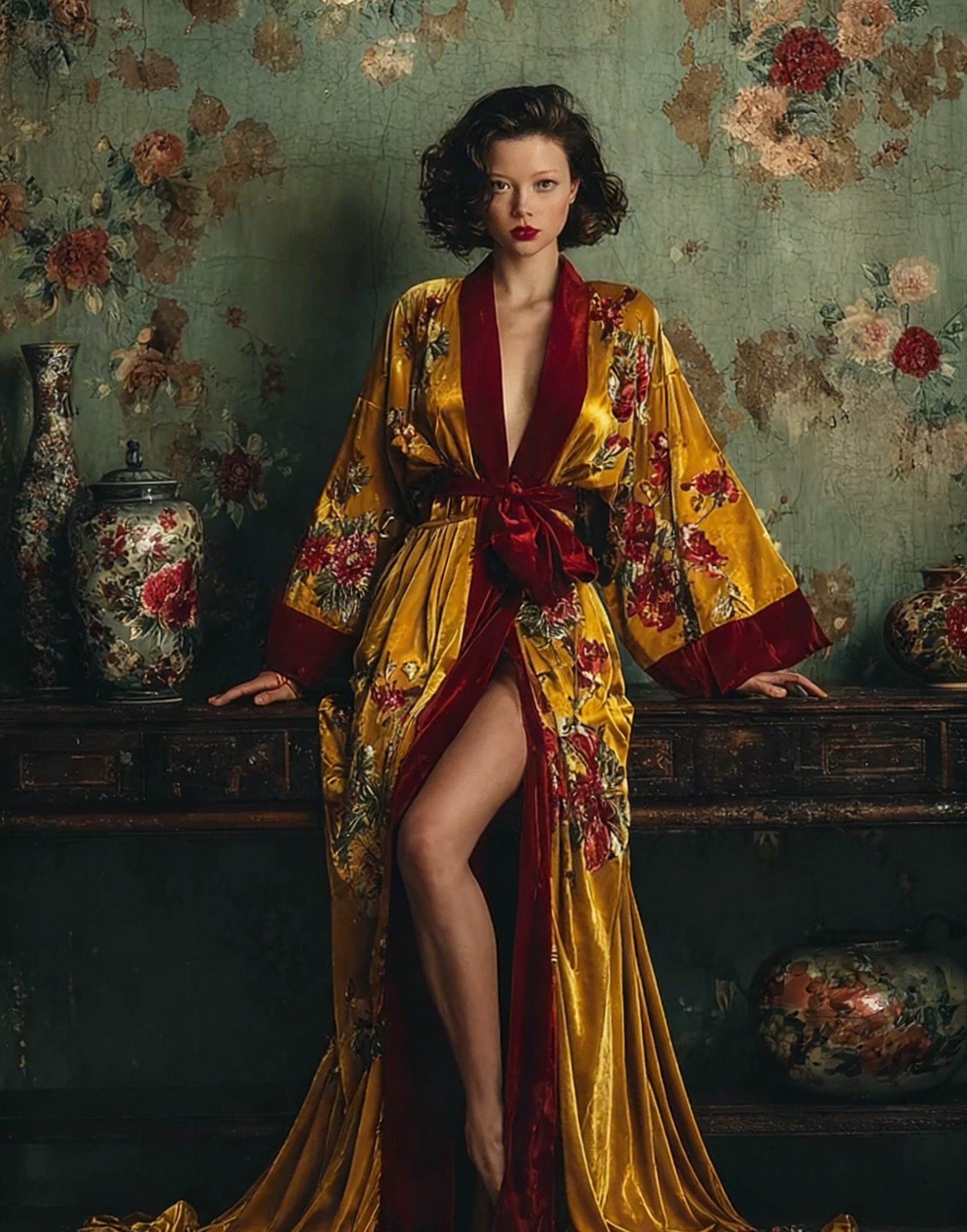 Women's Retro Fit Yellow Velvet Robe (belt Included)