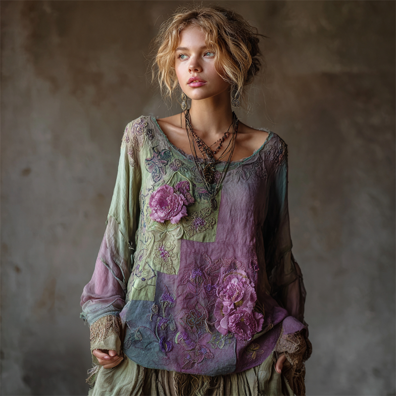 Vintage Lavender Floral Fiber Art Patchwork Flowy Linen Shirt