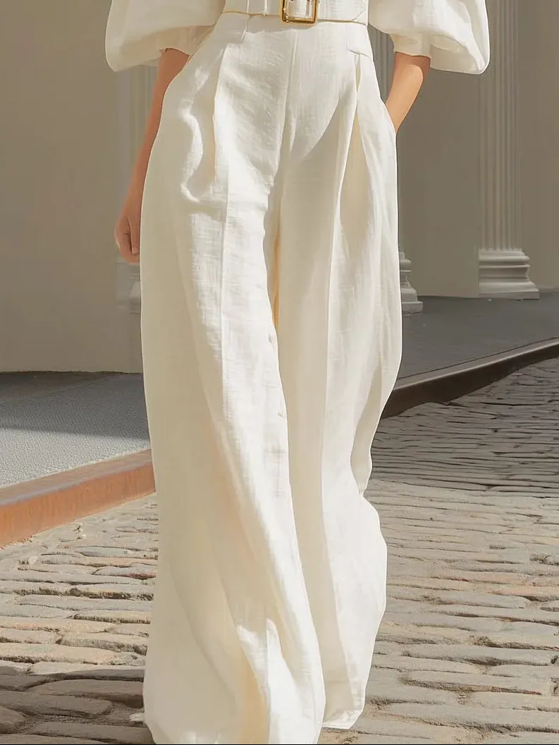 White V-neck lantern sleeve wide-leg jumpsuit