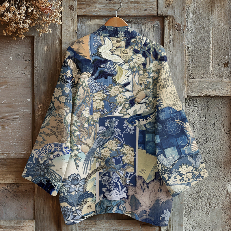 Retro Japanese Traditional Sashiko With Crane Art Print Cotton & Linen Blend Kimono Cardigan