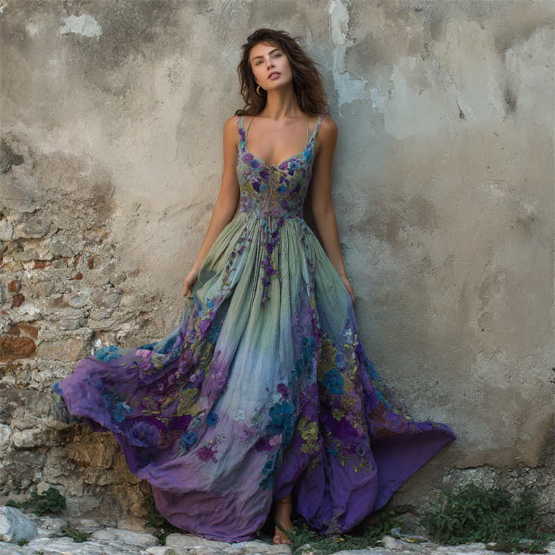 Classy Violet Floral Embroidered Gradient Flowy Linen Maxi Dress