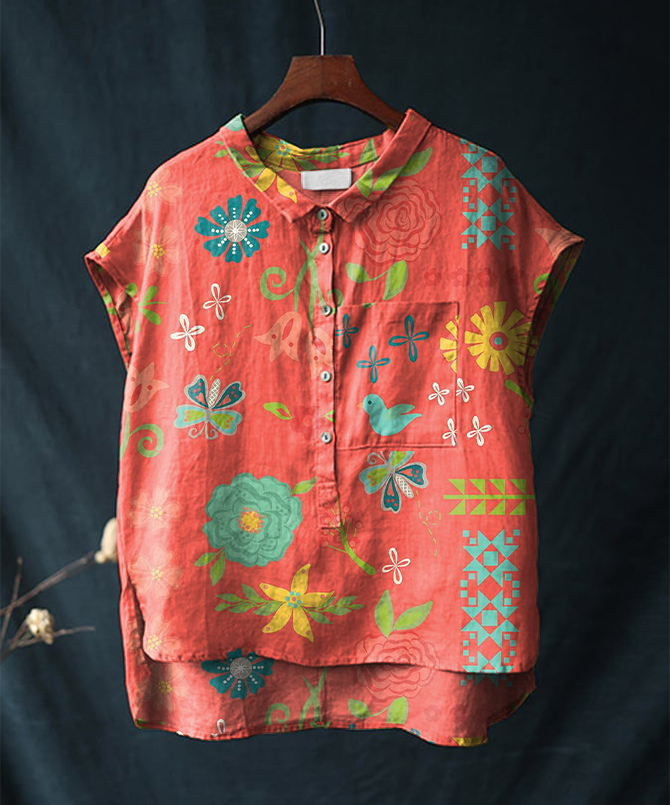 Vintage Floral Print Short-sleeved Cotton & Linen Shirt
