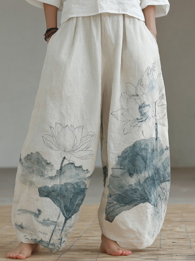 Japanese-style Lotus Pattern Linen Trousers
