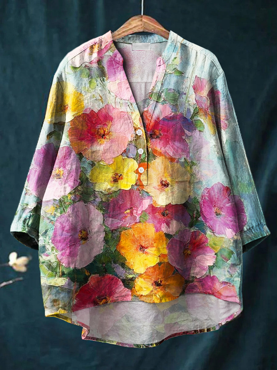 Beautiful Colorful Floral Painting Art Print Casual Cotton & Linen Ruffle Shirt