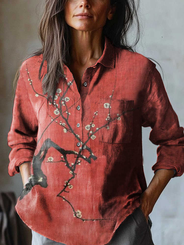 Japanese Red Classic Plum BlossomArt Print Casual Cotton & Linen Shirt