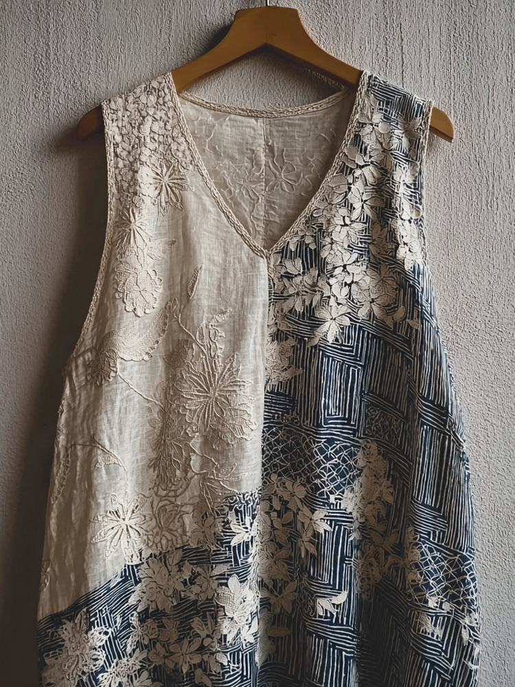 Japanese Floral Patchwork Lace Linen Tank Top