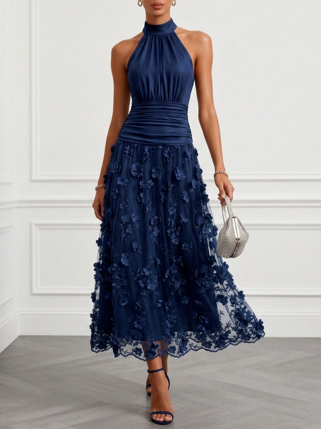 Purplish Blue 3D Floral Classic Halter Neck Sleeveless A-Line Maxi Dress