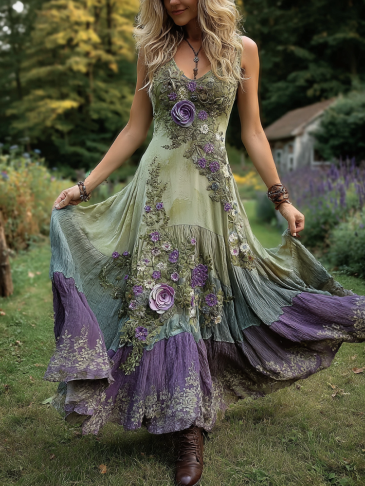 Classy Gradient Purple Lavender And Floral Embroidered Maxi Dress