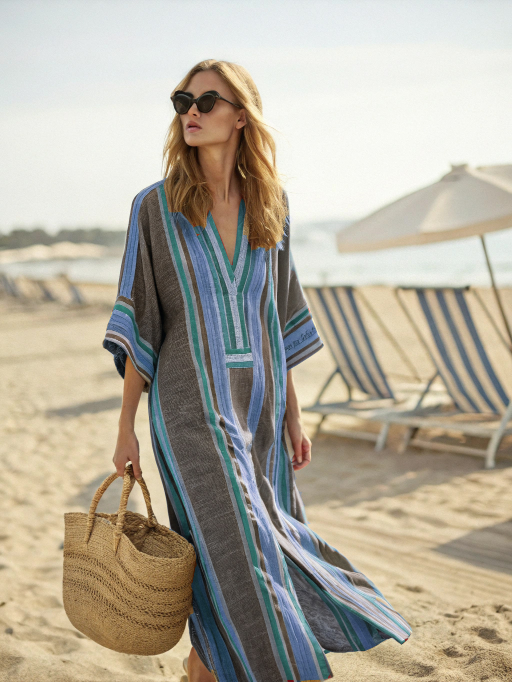 Contton & Linen Long-Sleeve Kaftan Maxi Dress