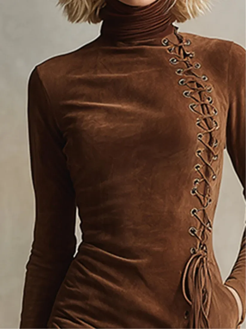 Vintage Brown High-neck Lace-up Suede Midi Dress