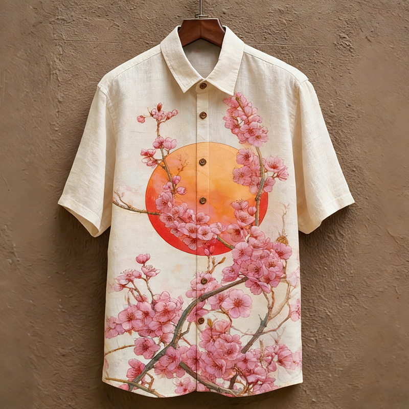 Men's Japanese-style Artistic Floral Print Short-sleeved Shirt