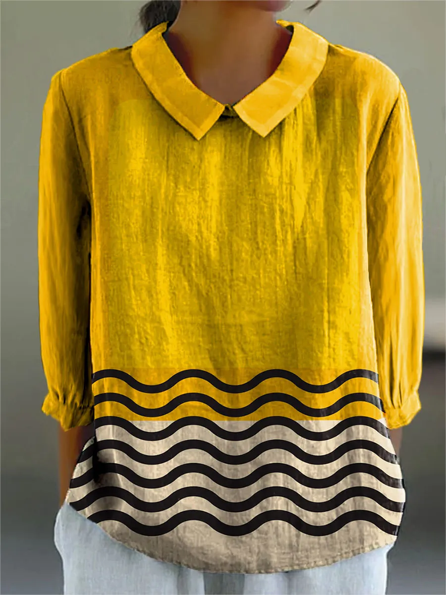 Fashion Color Block Art Print Casual Cotton & Linen 3/4 Sleeve Shirt