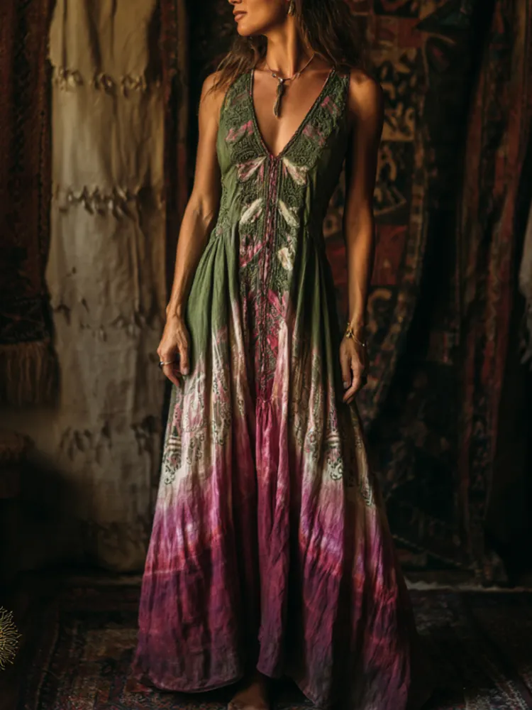Bohemian Style Plant-dyed Knitted Flower-hollowed Sleeveless V-neck Long Dress