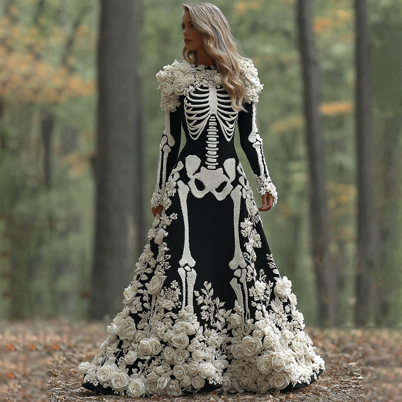 Women's Vintage Halloween Skeleton Bones With Rose Art Cozy Knitted Warm Long Sleeve Maxi Dress