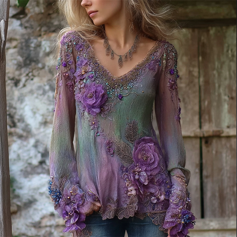 Boho Purple Roses Floral Glitter Dyed Linen Tunic