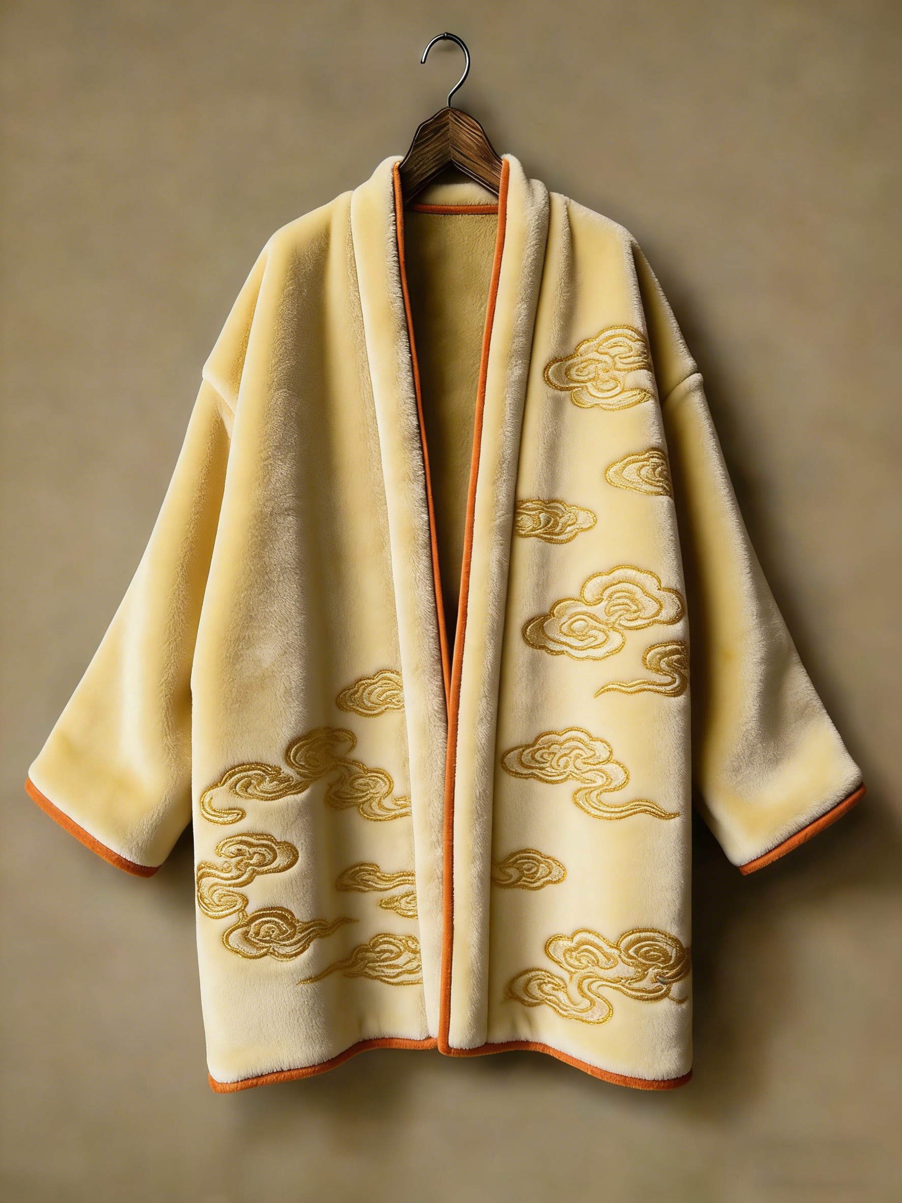 Oriental aesthetic printed flannel embroidered medium and long kimono cardigan