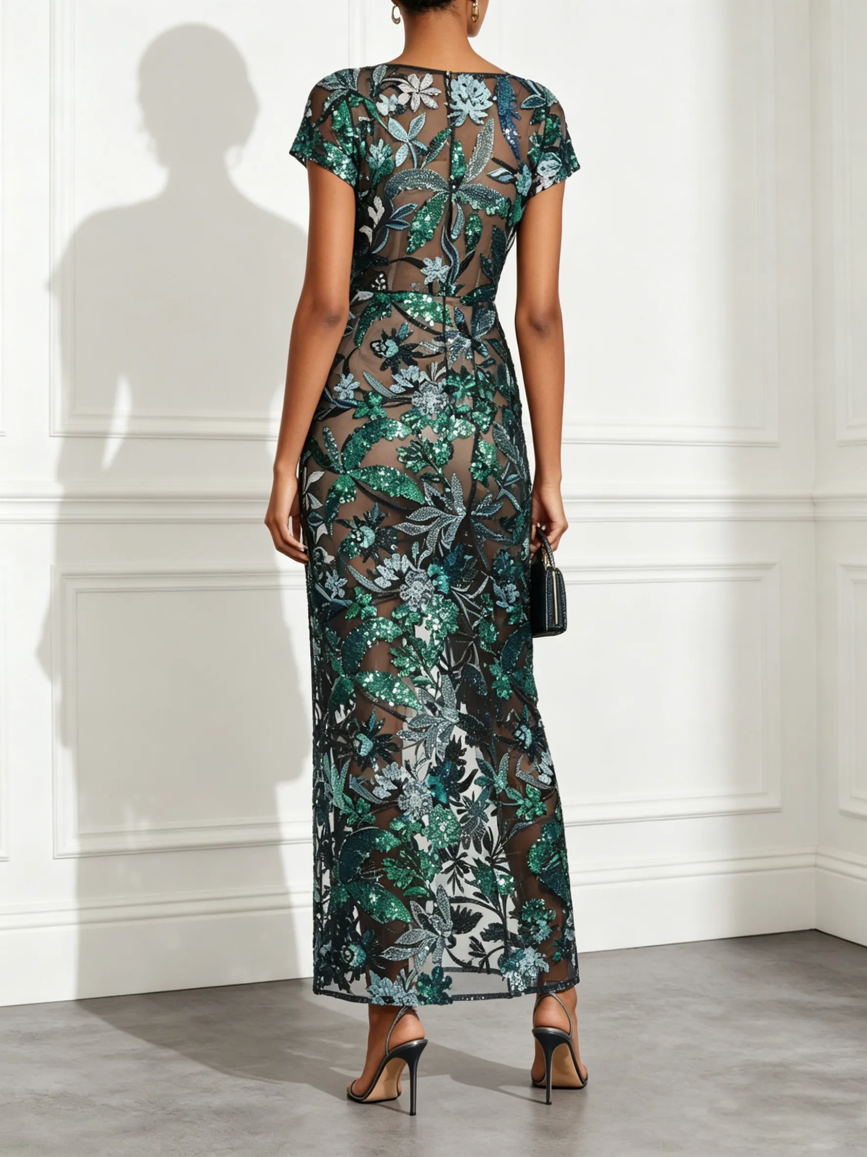 Green Glitter Boat Neck Short-Sleeve Sheath Maxi Dress