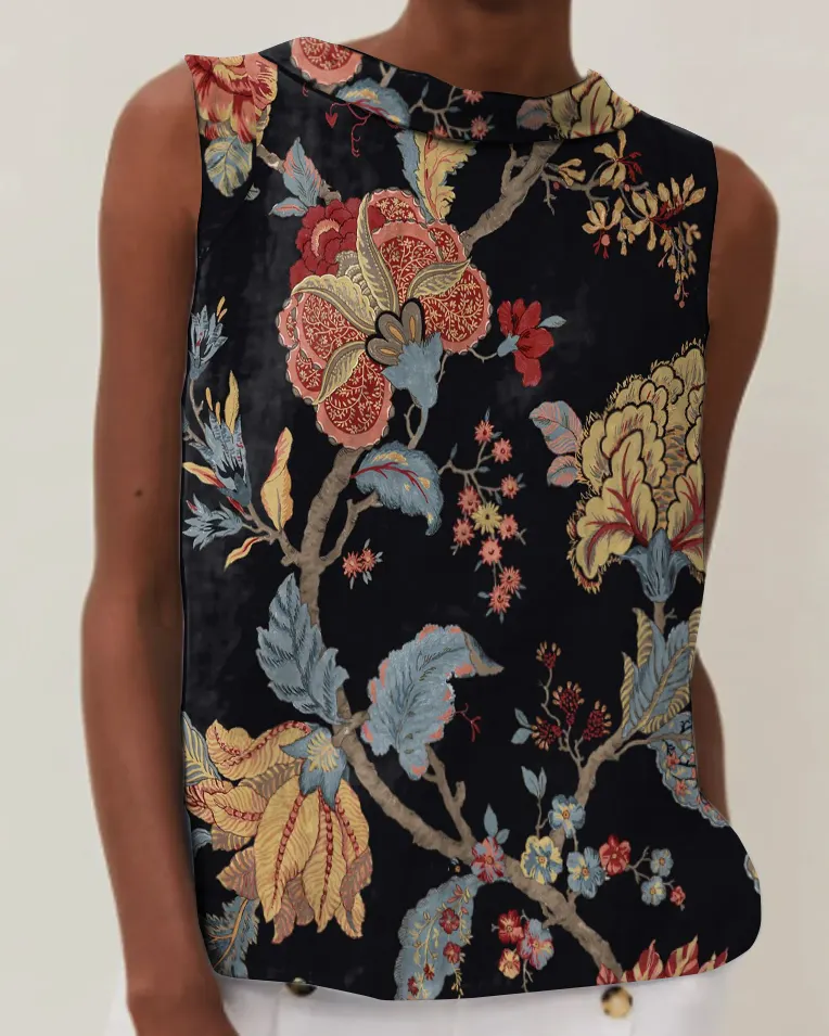 Vintage Floral Print Cotton & Linen Round Neck Sleeveless Top