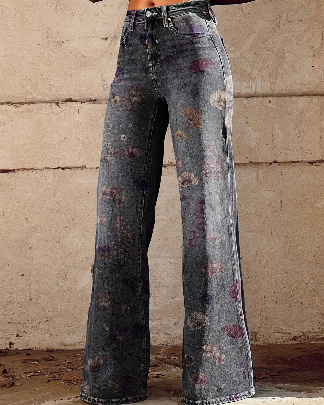 Vintage Floral Print Casual Wide-Leg Pants